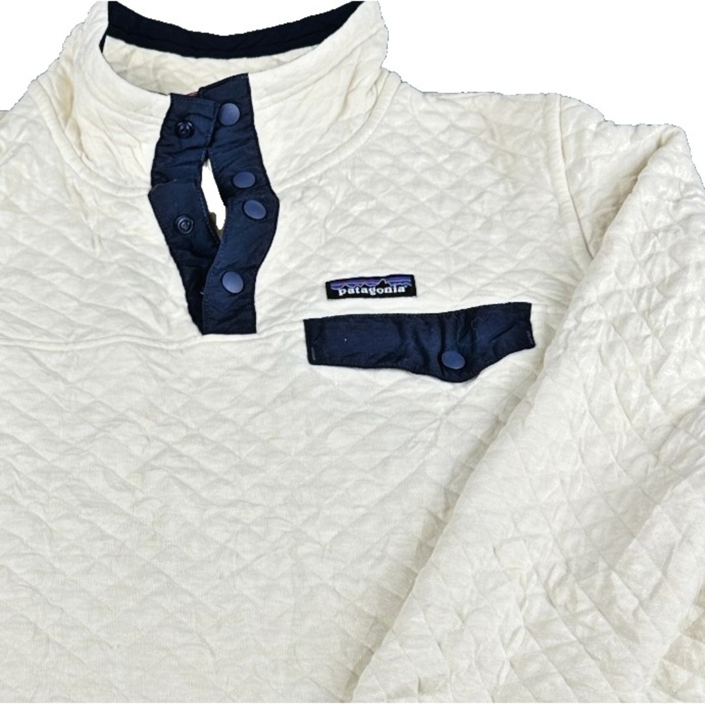 Patagonia Cotton Quilt Snap T Pullover Sweatshirt Womens Small Cream Blue Flap